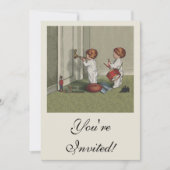 目覚めるクリスマスかわいい子どもイラストレーション 招待状 (正面)