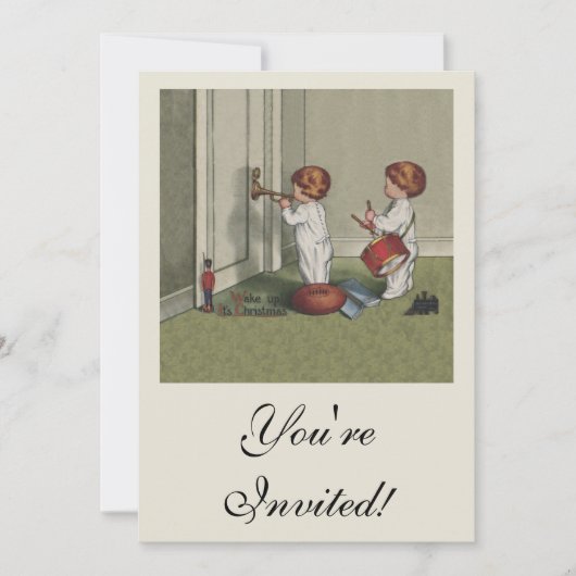 目覚めるクリスマスかわいい子どもイラストレーション 招待状 (正面)