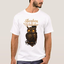 目覚める驚き – メカニカルオウルアートTシャツ