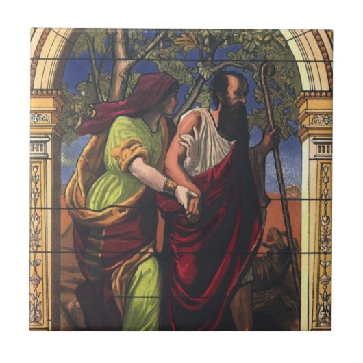 盲目のトビットと妻のアナ，ヴィンテージ宗教 タイル (正面)