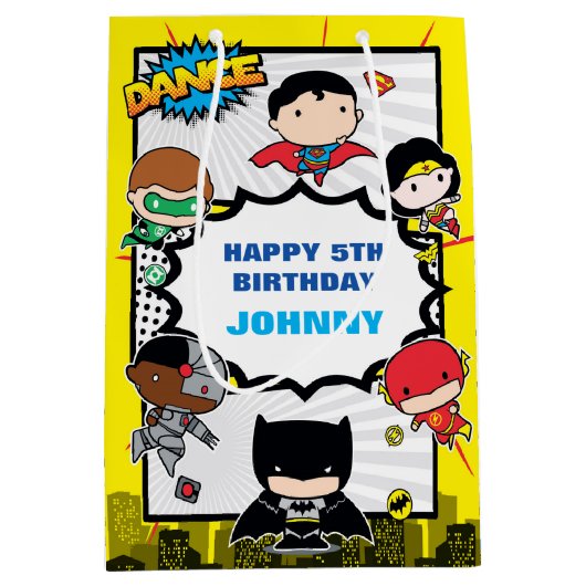 直流漫画 | Justice League -チビ(小さくかわいく書いた感じ)誕生日 ミディアムペーパーバッグ (正面)