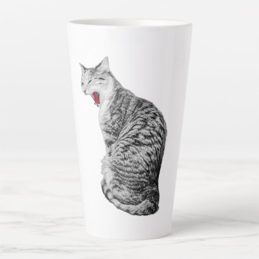 直立型あくびをする猫モノクロアートマグカップ カフェラテマグ (正面)