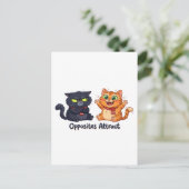 相反するものが惹かれ合う かわいい猫のデザイン ポストカード (スタンド正面)