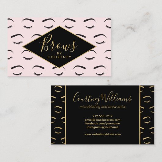 眉とまつげ模様ピンク/黒/金ゴールド 名刺 (正面/裏面)