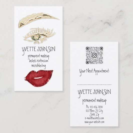 眉メイクアップQRCodeロゴレッドリップ金ゴールドまつ毛 名刺 (正面/裏面)