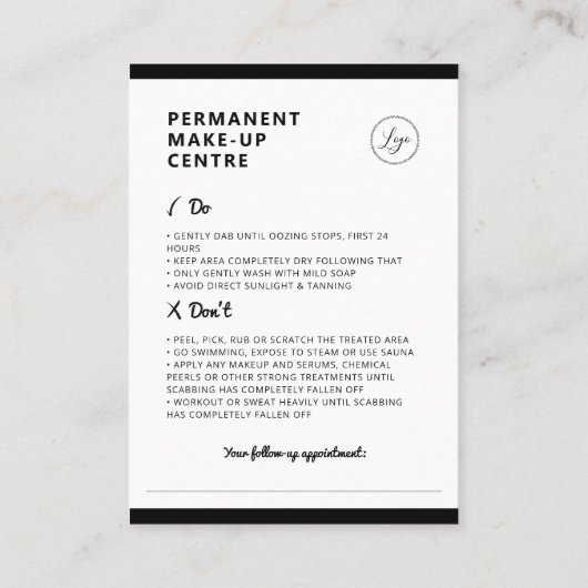 眉毛の永久的なメイクアフターケアの指示 名刺 (裏面)