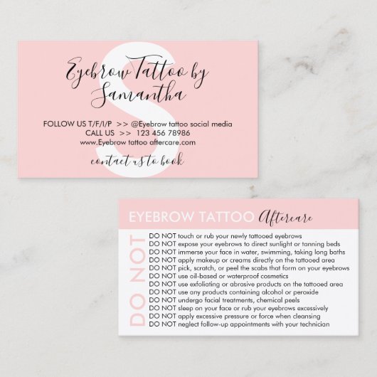 眉毛タトゥー アフターケアのアドバイスを避ける 名刺 (正面/裏面)