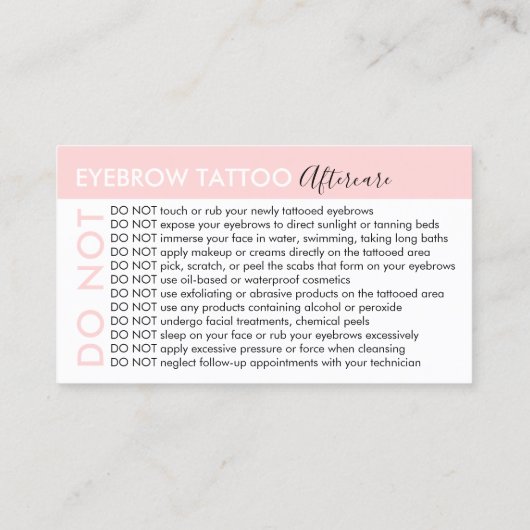 眉毛タトゥー アフターケアのアドバイスを避ける 名刺 (裏面)