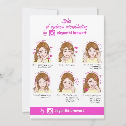眉毛マイクロブラディングアフターケアの指示ピンク 招待状 (正面)