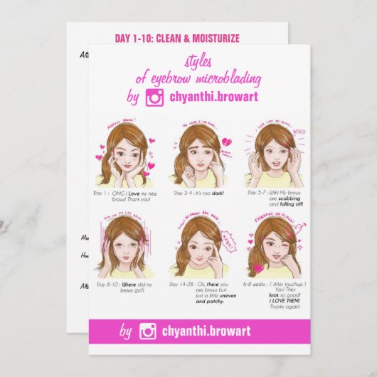 眉毛マイクロブラディングアフターケアの指示ピンク 招待状 (正面/裏面)