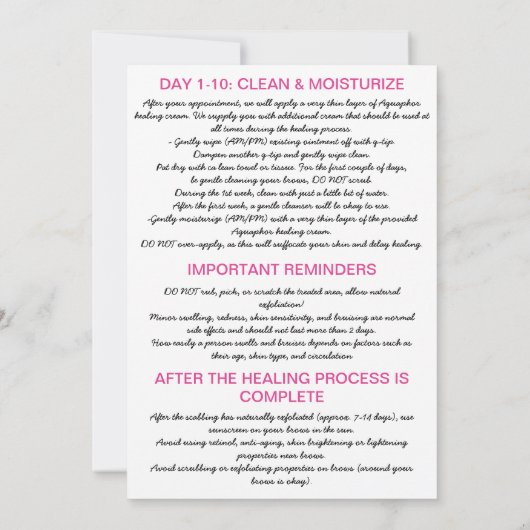 眉毛マイクロブラディングアフターケア指示ピンク 招待状 (裏面)