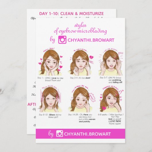 眉毛マイクロブラディングアフターケア指示ピンク 招待状 (正面/裏面)