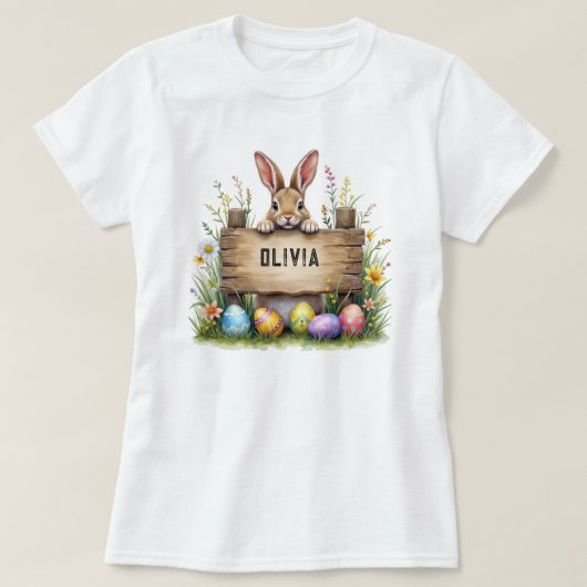 看板パーソナライズされた付きイースターバニーの名前 Tシャツ (デザイン正面)