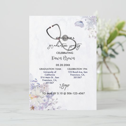 看護の卒業式パーティウォーターカラーパープルフローラ 招待状 (スタンド正面)