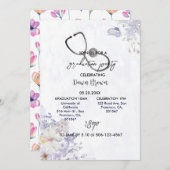 看護の卒業式パーティウォーターカラーパープルフローラ 招待状 (正面/裏面)