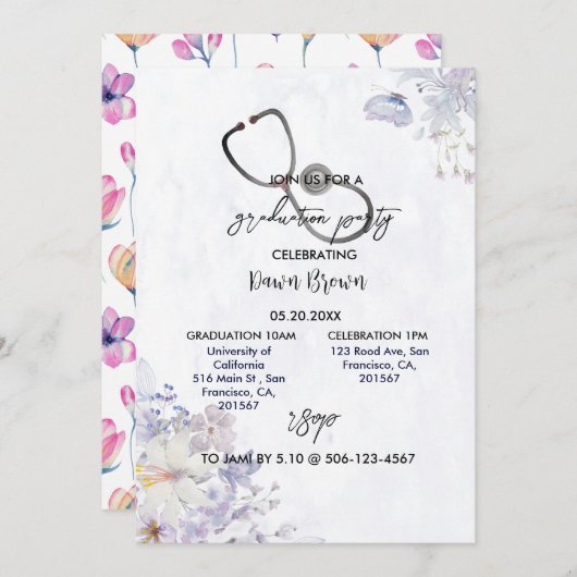 看護の卒業式パーティウォーターカラーパープルフローラ 招待状 (正面/裏面)