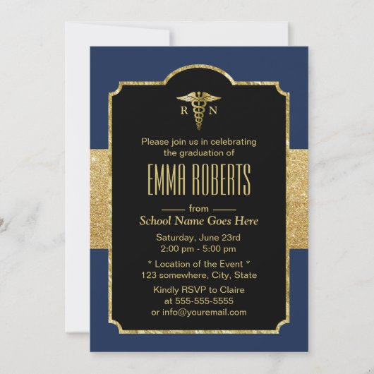 看護エレガント卒業パーティーNavy Blue & 金ゴールド 招待状 (正面)