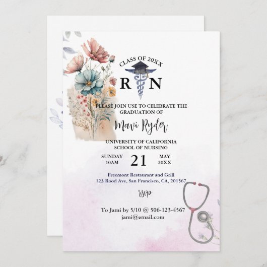看護パーソナライズされた卒業水彩FiOral 招待状 (正面/裏面)