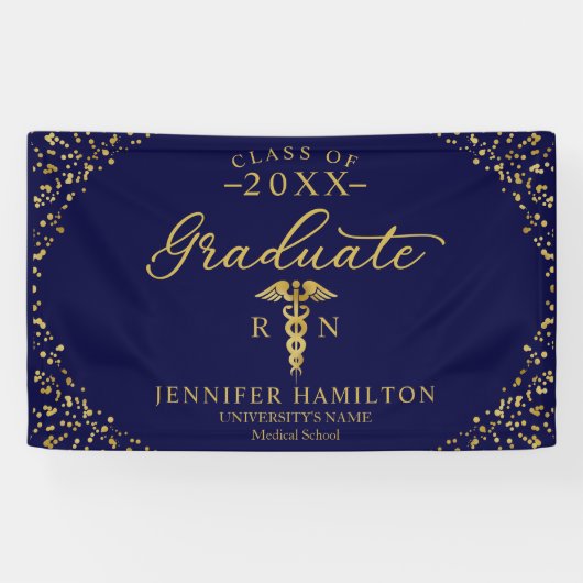 看護医学校ブルー金ゴールド卒業バナー 横断幕 (横)