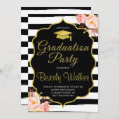 看護卒業の招待金ゴールドとブラック 招待状 (正面/裏面)