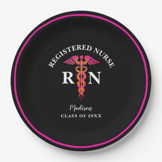 看護卒業式ブラック・ホットピンク・パーティーMonogram ペーパープレート (正面)