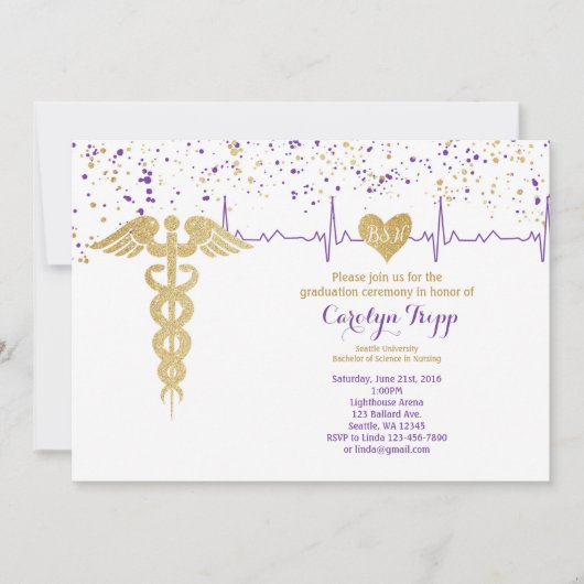 看護卒業式、BSN – 紫と金ゴールド 招待状 (正面)
