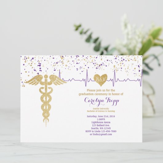 看護卒業式、BSN – 紫と金ゴールド 招待状 (スタンド正面)