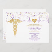 看護卒業式、BSN – 紫と金ゴールド 招待状 (正面/裏面)