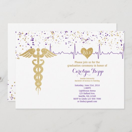 看護卒業式、BSN – 紫と金ゴールド 招待状 (正面/裏面)