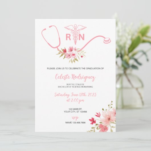 看護卒業招待状ピンクの花 招待状 (スタンド正面)