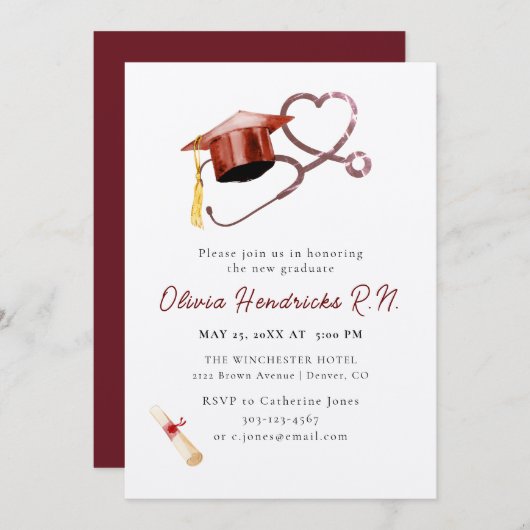 看護学卒業キャップと聴診器の招待状 招待状 (正面/裏面)