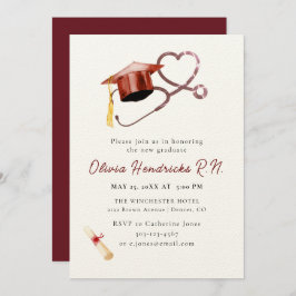 看護学卒業キャップと聴診器の招待状 招待状