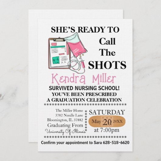 看護学卒業式で指揮を執る準備ができている彼女 招待状 (正面/裏面)