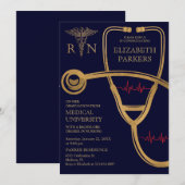 看護学士号（RN BSN）ネイビーゴールド看護学卒業パーティー 招待状 (正面/裏面)