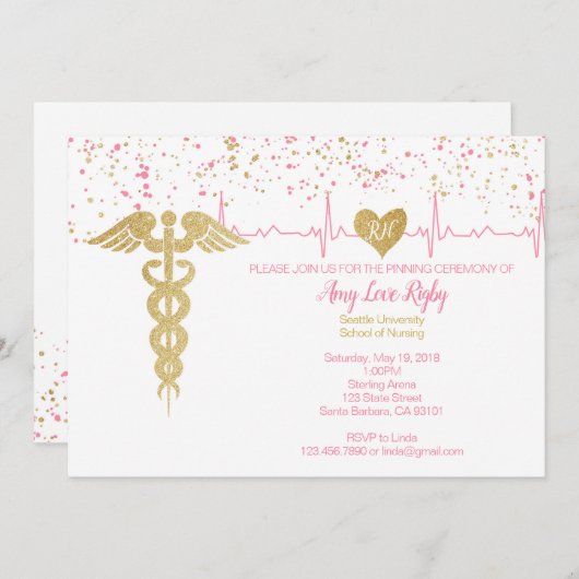 看護学校のピン止め卒業発表 招待状 (正面/裏面)