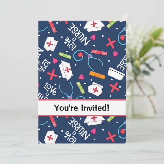 看護学校卒業お祝いネイビーブルー 招待状 (スタンド正面)