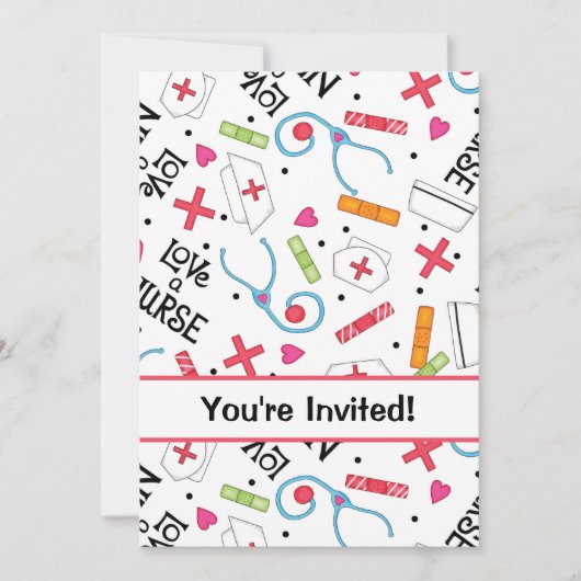 看護学校卒業お祝い白赤 招待状 (正面)