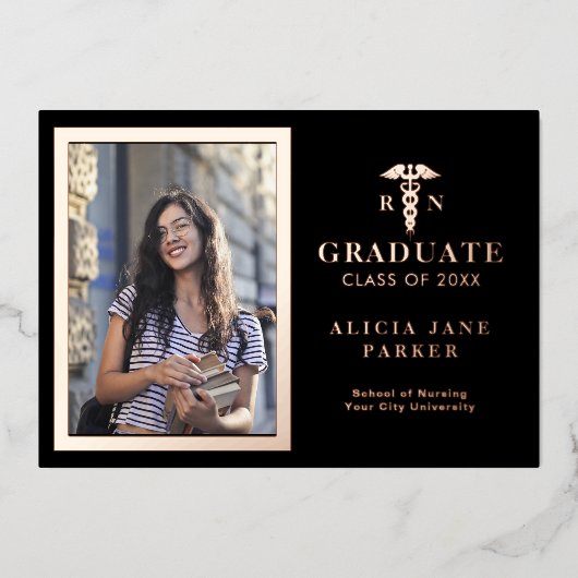 看護学校卒業バラ金ゴールド写真 箔招待状 (正面)