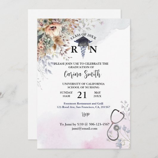 看護学校卒業パーソナライズされたBohoフローラ 招待状 (正面/裏面)