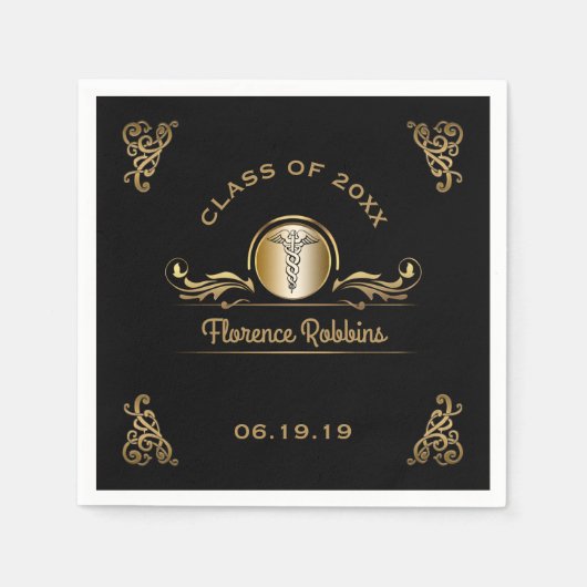 看護学校卒業パーティー金ゴールドカドゥセウス スタンダードカクテルナプキン (正面)