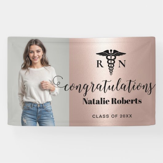 看護学校卒業モダンバラ金ゴールド写真 横断幕 (横)