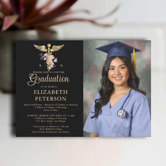 看護学校卒業式カドゥセウムバラブラック 招待状