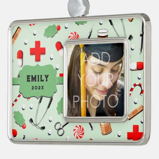 看護学校卒業式クリスマス飾り シルバープレートフレームオーナメント (左)
