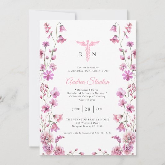 看護学校卒業式ピンクカドゥセウムワイルドフラワー 招待状 (正面)