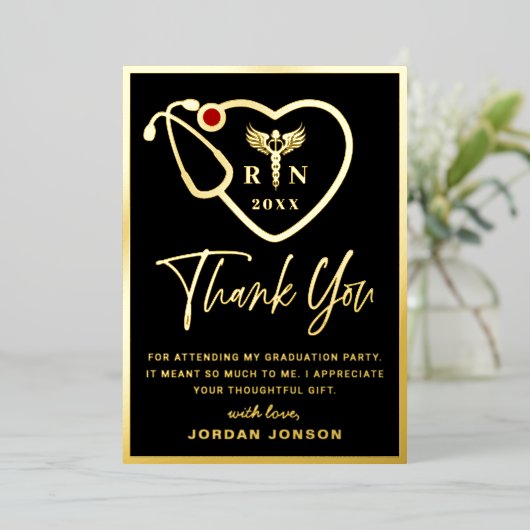 看護学校卒業式用ゴールドホイル感謝カード 箔招待状 (立ち正面)