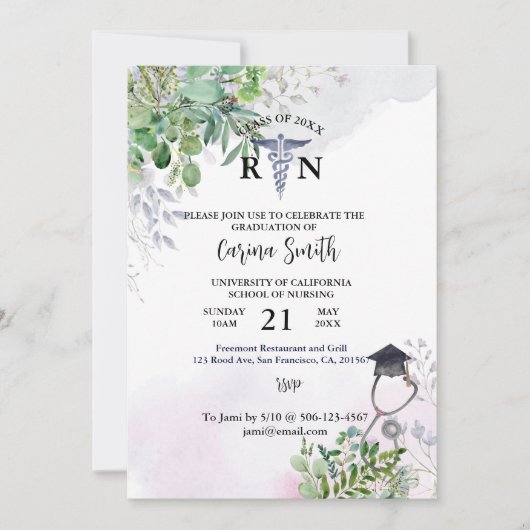 看護学校卒業 紫 ボタニカル フラワー 招待状 (正面)