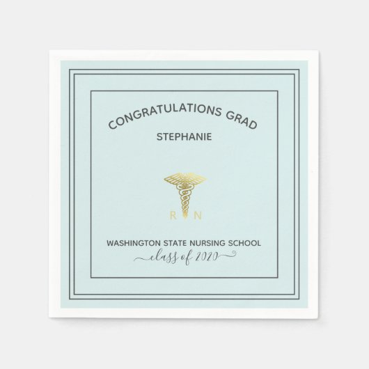 看護学校RN卒業ブルー金ゴールドカドゥセウス スタンダードカクテルナプキン (正面)