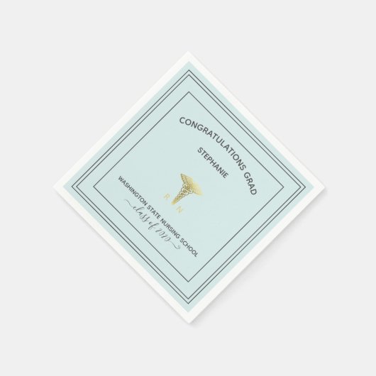 看護学校RN卒業ブルー金ゴールドカドゥセウス スタンダードカクテルナプキン (角)