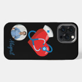看護学生ハート型聴診器看護師名前写真 iPhoneケース (裏面横)