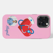 看護学生ハート型聴診器看護師名前写真 iPhoneケース (裏面横)